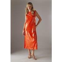 Warehouse Women's Sequin Shoulder Pad Sleeveless Column Midi Dress in Mango | Size: 8