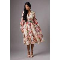 Coast Women's Petite Organza Long Sleeve Printed Lace Trim Dress in Cream | Size: 8