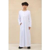 Thobez Boy's Thobe Emirati Omani Jubba Islamic Clothing Muslim Kaftan Eid Robe Arab Embroidery in White | Size: 9-10 Years