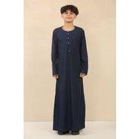 Thobez Boy's Thobe Emirati Omani Jubba Islamic Clothing Muslim Kaftan Eid Robe Arab Embroidery in Navy | Size: 9-10 Years