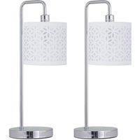 First Choice Lighting Set of 2 Chrome Arched Table Lamps with White Laser Cut Shades in Silver