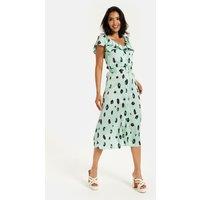 Liquorish Women's Belted Midi Dress with Off-Shoulder Sleeves in Mint Animal Print in Green | Size: 8