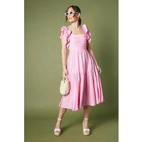 Coast Women's Pleat Bodice Frill Sleeve Midi Dress in Pink | Size: 10