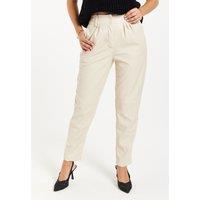 Liquorish Women's Tapered Leather Look Trousers in Cream | Size: 10