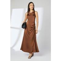 Brown Occasion Satin Cowl Neck Midi Dress