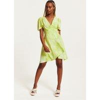 Liquorish Women's Angel Sleeve Wrap Mini Dress In Pistachio in Bright Yellow | Size: 8