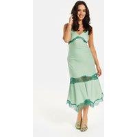 Liquorish Women's Elegant Green Midi Dress With Lace Details | Size: 10