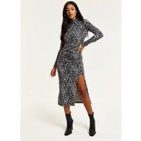 Liquorish Women's Brushed Knit Mono Zebra Print Midi Dress With Front Slit | Size: 10