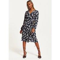 Liquorish Women's Floral & Bird Print Midi Fake Wrap Dress In Navy | Size: 12