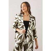 Wallis Women's Petite Printed Linen Single Breasted Blazer in Khaki | Size: 12