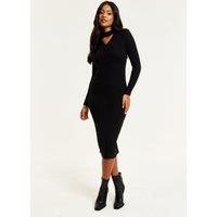 Liquorish Women's Cut Out Front Cable Knit Midi Dress In Black | Size: 12