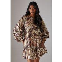 Warehouse Women's Metallic Jacquard Volume Sleeve Mini Dress in Zebra | Size: 12