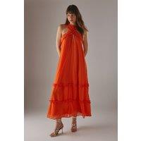 Dobby Chiffon Frill Halter Tier Ruffle Maxi Dress