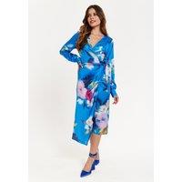 Liquorish Women's Blue Floral Satin Wrap Midi Dress | Size: 10
