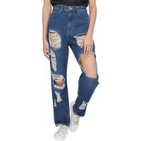 Smart Living Women's High-Waisted Multi-Rip Mom Jeans - Classic Style with Modern Edge in Dark Blue | Size: 14