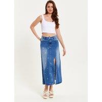 Liquorish Women's Polka Dot Midi Denim Skirt in Blue | Size: 8