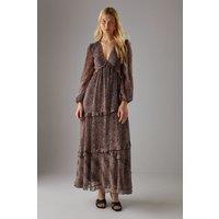 Warehouse Women's Chiffon Cut Out Waist Ruffe Maxi Dress in Animal | Size: 10