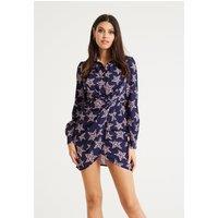 Liquorish Women's Leopard Star Print Mini Dress With Collar & Twisted Front Detail In Navy | Size: 12