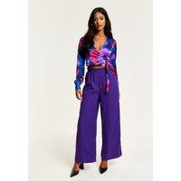 Liquorish Women's Purple Wide Leg Trousers With Elasticated Waist | Size: 8