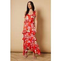 Oasis Women's Printed Satin Jacquard Tiered Midi Dress in Red | Size: 10