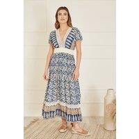 Yumi Women's Navy Viscose Leaf Print Maxi Dress With Lace Trim in Blue | Size: 10