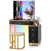 Gymax Dressing Table & Stool Set With 7 Modes Mirror & Charging Station in Black