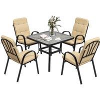 OUTSUNNY Garden Dining Set, Glass Table w/ Umbrella Hole in Beige