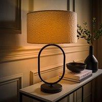 ValueLights Antonia Cream Boucle Drum Shade Matte Black Oval Table Lamp with Bulb