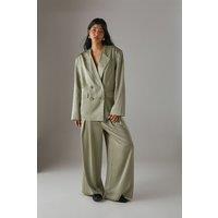 Warehouse Women's Raw Edge Relaxed Satin Blazer in Khaki | Size: 12