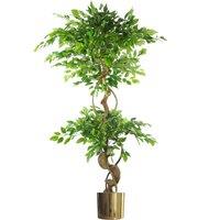 Leaf Artificial 150cm Twisted Trunk Fruticosa Ficus Tree Gold Planter in Green