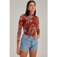 Pink Vanilla Women's Graphic Floral High Neck Bodysuit in Orange | Size: 6