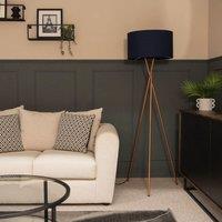 ValueLights Camden Copper Metal Tripod Floor Lamp with Navy Blue Drum Lamp Shade in Dark Navy