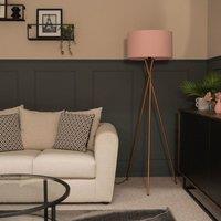ValueLights Camden Copper Metal Tripod Floor Lamp with Blush Pink Drum Lamp Shade in Dusty Pink