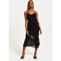 Liquorish Women's Diagonal Frill Strap Midi Dress In Black | Size: 8