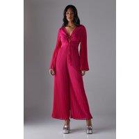 Chiffon Pleated Keyhole Flared Sleeve Jumpsuit