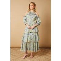 Cold Shoulder Metallic Maxi Ruffle Tier Dress