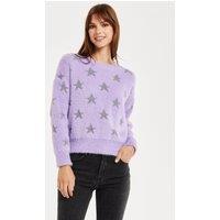 Liquorish Women's Fluffy Grey Star Pattern Jumper In Lilac | Size: Large