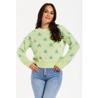 Liquorish Women's Fluffy Grey Star Pattern Jumper In Lilac in Green | Size: Large