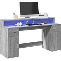 Desk with LED Lights Grey Sonoma 160x55x91 cm Engineered Wood