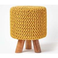 Homescapes Tall Cotton Knitted Footstool on Legs in Mustard