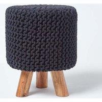 Homescapes Tall Cotton Knitted Footstool on Legs in Black