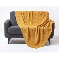 Homescapes Diamond Cable Knit Cotton Throw in Mustard | Size: 150 cm x 200 cm