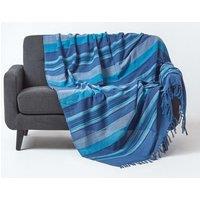 Homescapes Cotton Morocco Striped Throw in Blue | Size: 255 cm x 360 cm