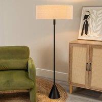ValueLights Mitch Natural Linen Squat Lamp Shade Wooden Triangle Floor Lamp with LED Bulb in Black