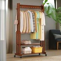 Rafaelo Mobilia Bamboo Clothes Rail With Shelves & Wheels Walnut Brown in Dark Brown