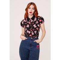 Hell Bunny Women's Not Into You Playfully Printed Red Hearts Blouse in Black | Size: XS