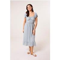 Blue Vanilla Women's Shirred Waist Blue Short Sleeve Slip On Square Midi Dress | Size: Medium