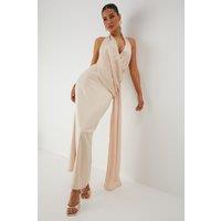MissPap Women's Satin Halterneck Draped Side Maxi Dress in Champagne | Size: 8