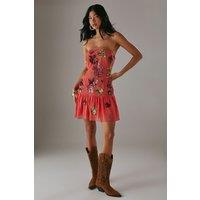 Hand Embellished Sequin Structured Bandeau Drop Hem Mini Dress