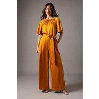 Belted Satin Angel Sleeve Jumpsuit
